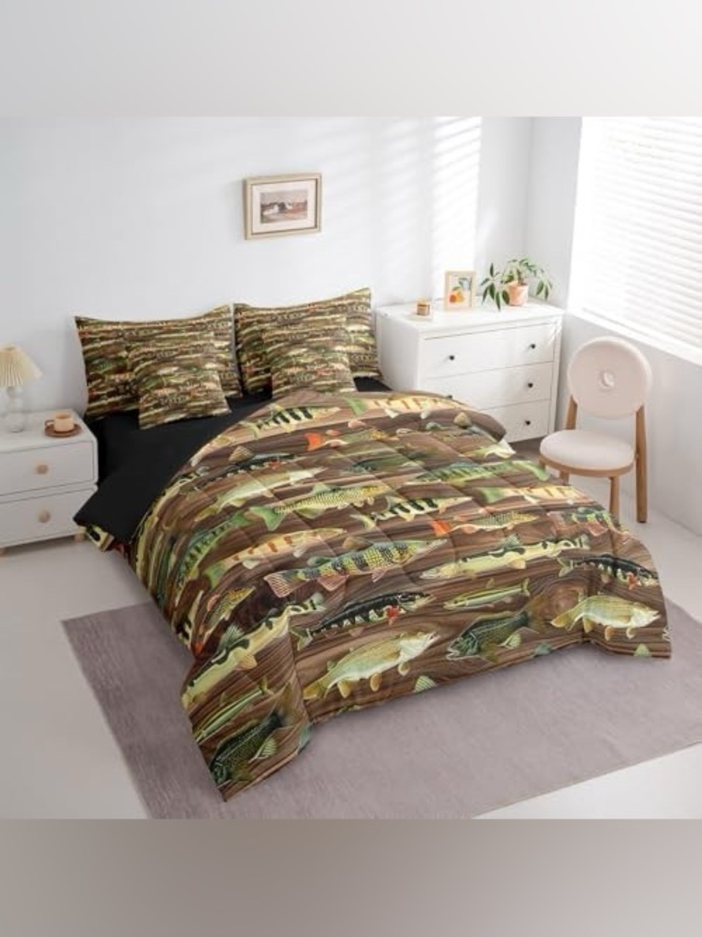 Feelyou Bass Fish Comforter Set Twin Size Fishing and Hunting Bedding Set - Picture 3 of 5